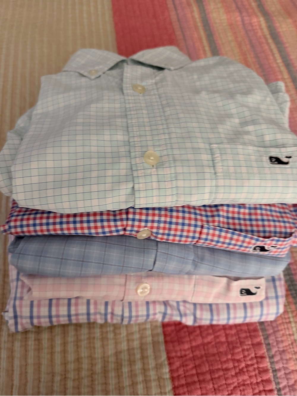 Vineyard Vines Stack of Men's Plaid Button-Down Shirts in Light Blue, Red, Pink